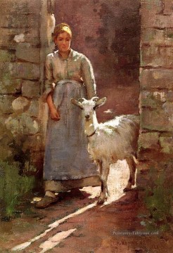 Fille avec une chèvre Théodore Robinson Peinture à l'huile